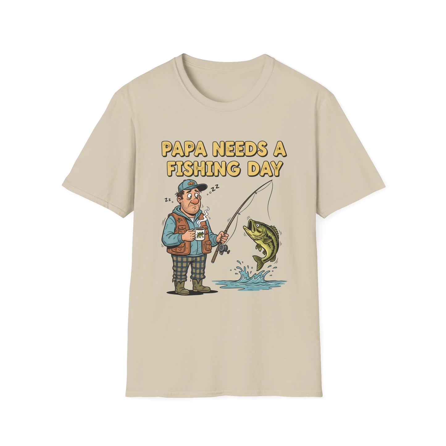 Papa Needs a Fishing Day Tee fishing rod and lure illustration close-up