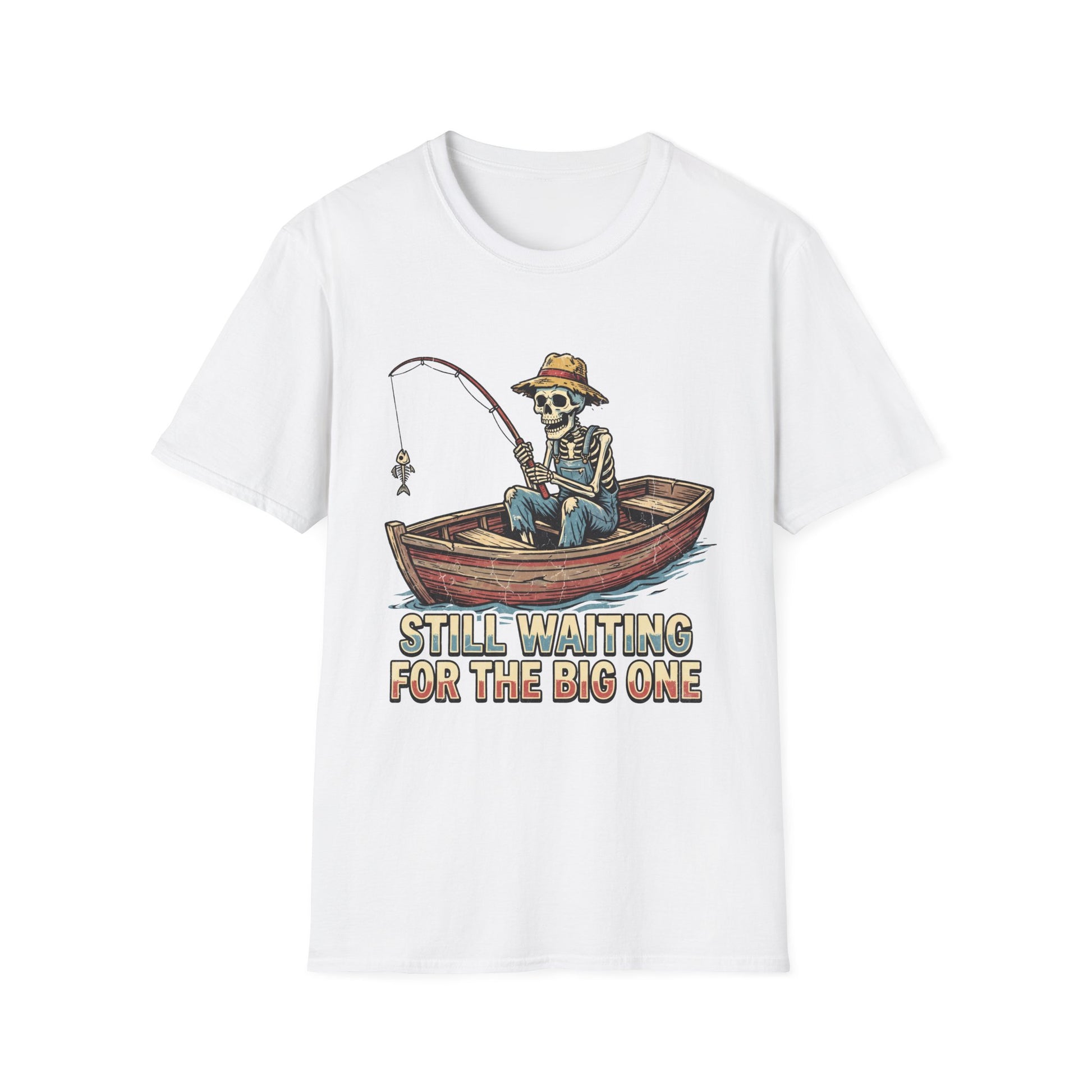 Still Waiting For The Big One Tee skeleton fisherman graphic chest print front view