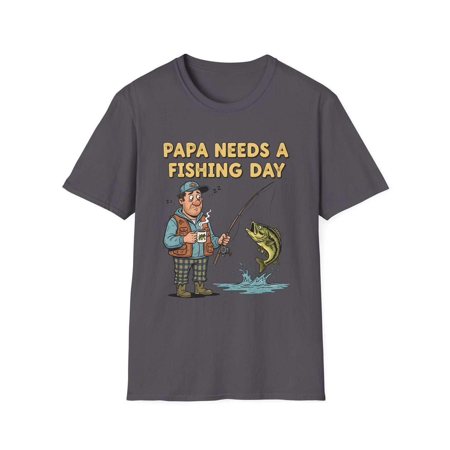 Papa Needs a Fishing Day Tee side view on model at the lake
