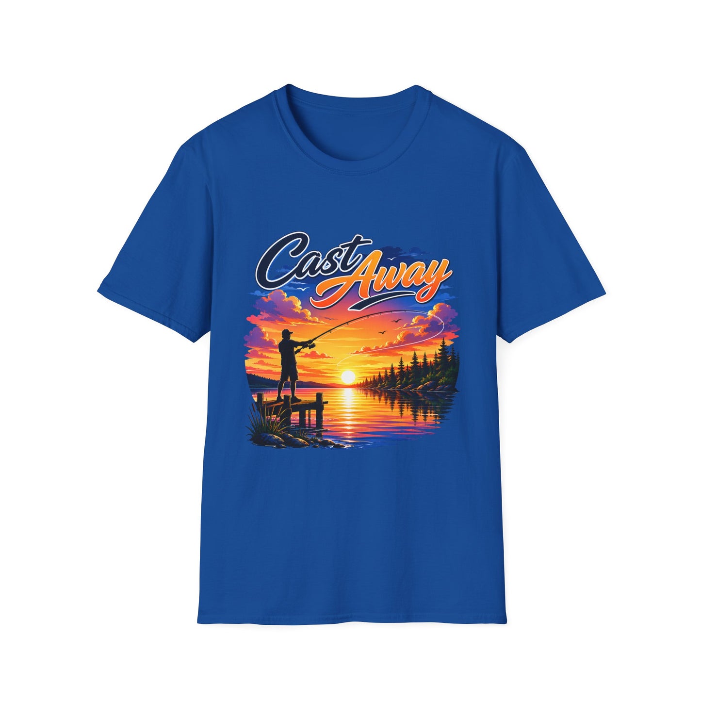 Cast Away fishing t-shirt flat lay front view