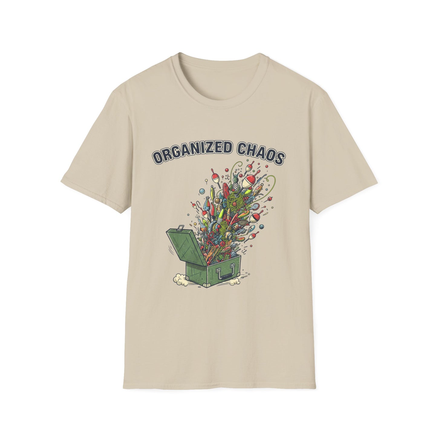 Organized Chaos Tee fishing tackle chest print close-up
