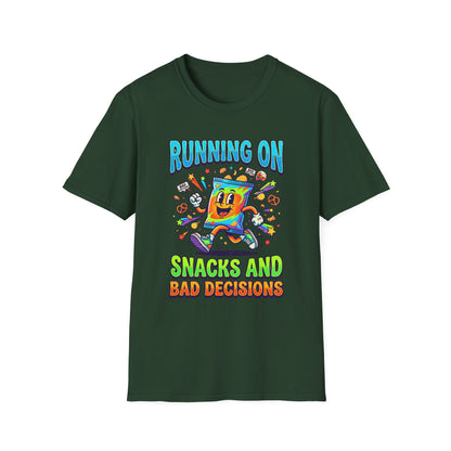 T-Shirt — "Running On Snacks and Bad Decisions" Retro Cartoon Snack Tee