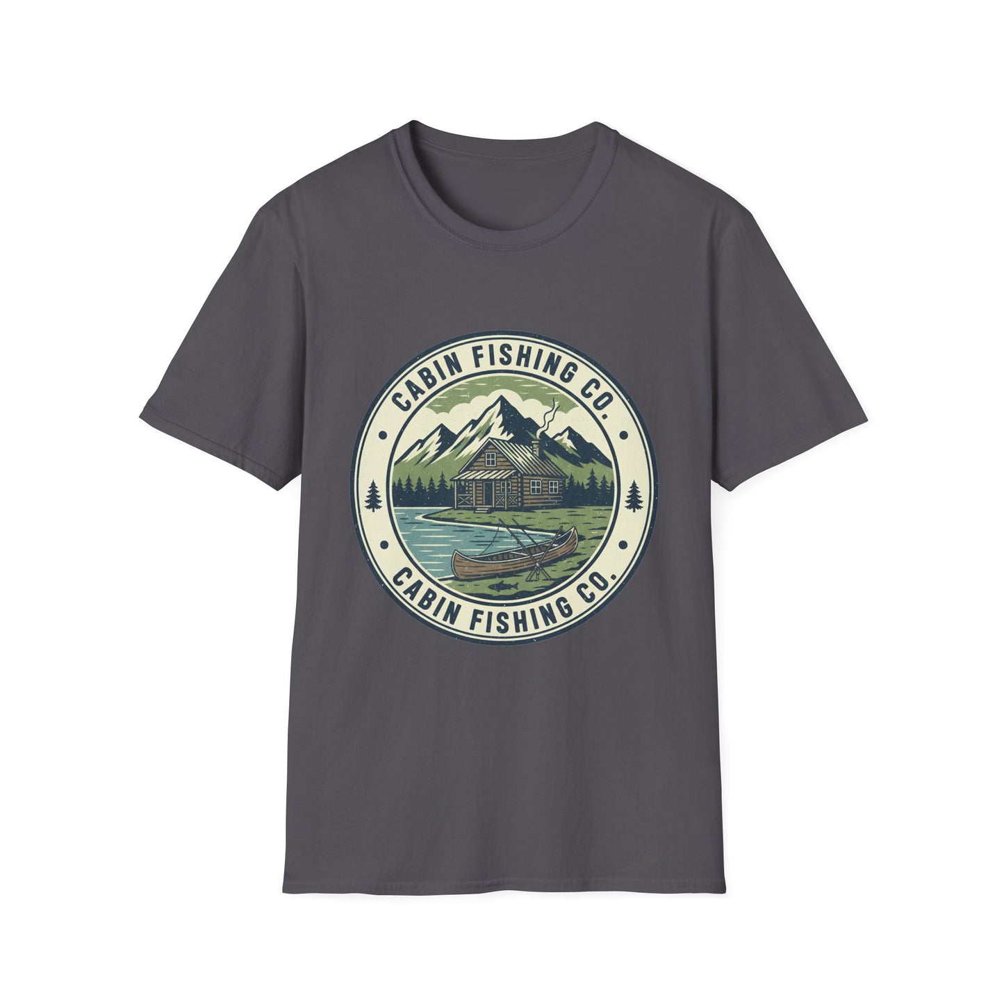 Cabin Fishing Co. Tee cabin and lake fishing graphic t-shirt flat lay front view