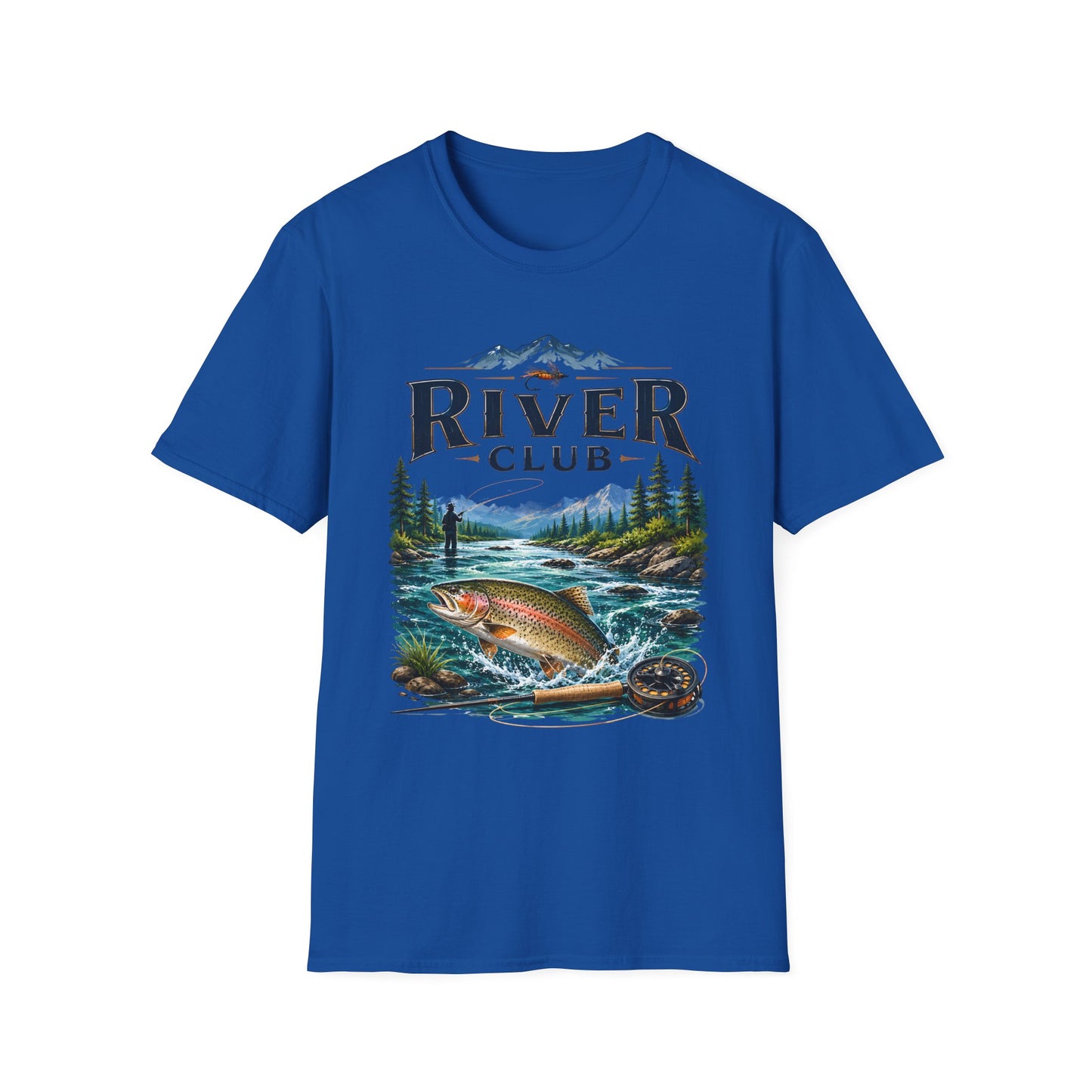 River Club trout fishing t-shirt flat lay front view