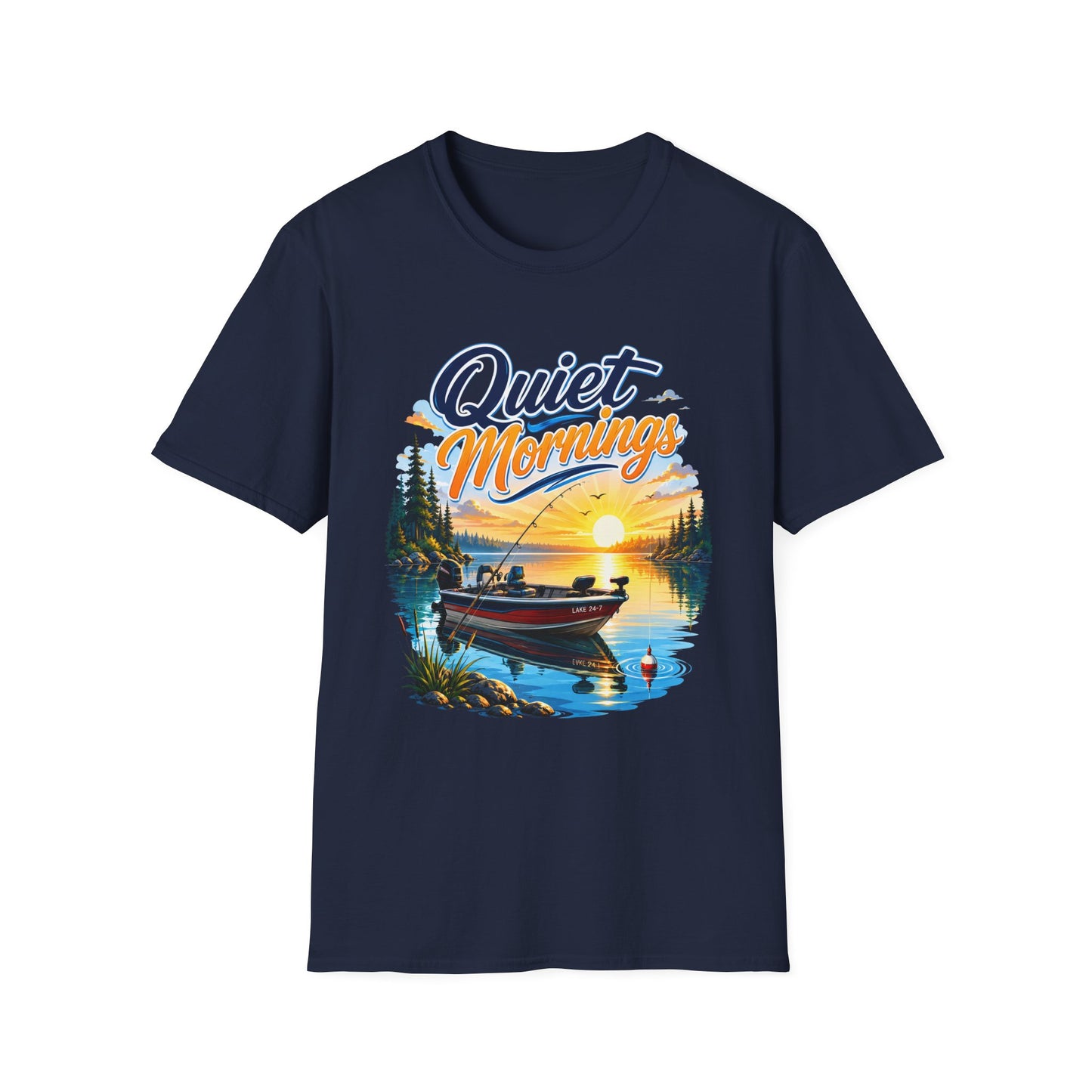 Quiet Mornings fishing t-shirt flat lay back view