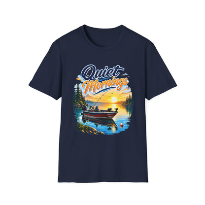 Quiet Mornings fishing t-shirt flat lay back view