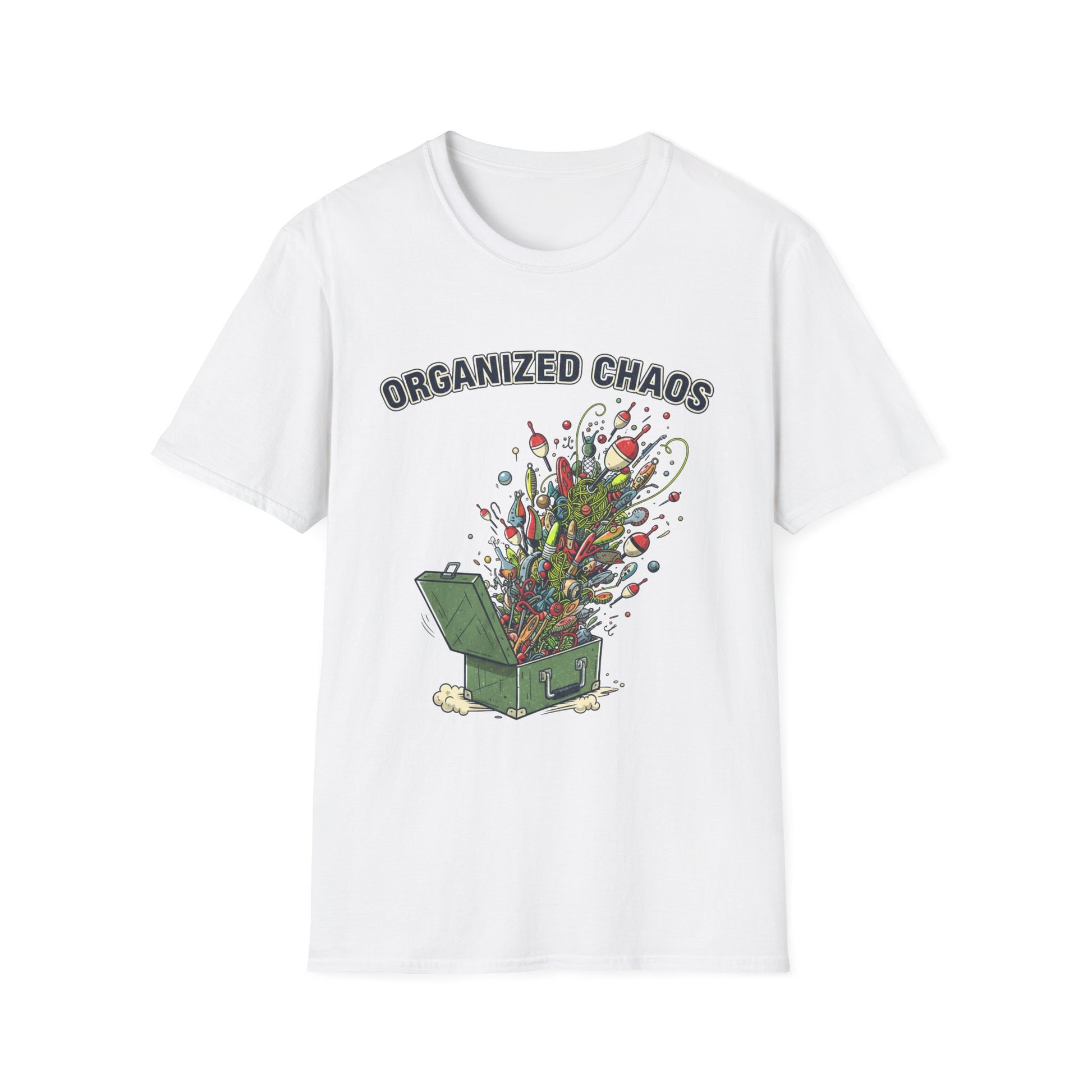 Organized Chaos Tee fishing tackle illustration chest print front view