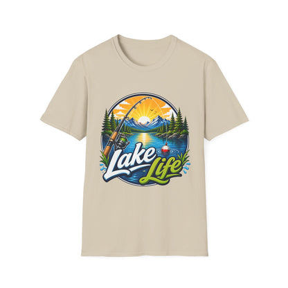 Lake Life fishing t-shirt chest print close-up