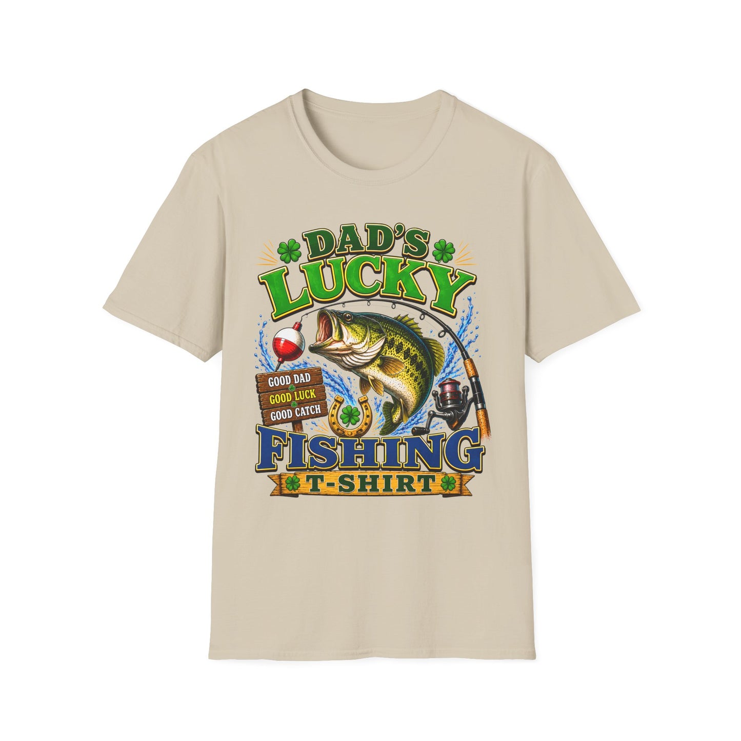 Dad's Lucky Fishing Tee lucky fishing slogan chest print close-up