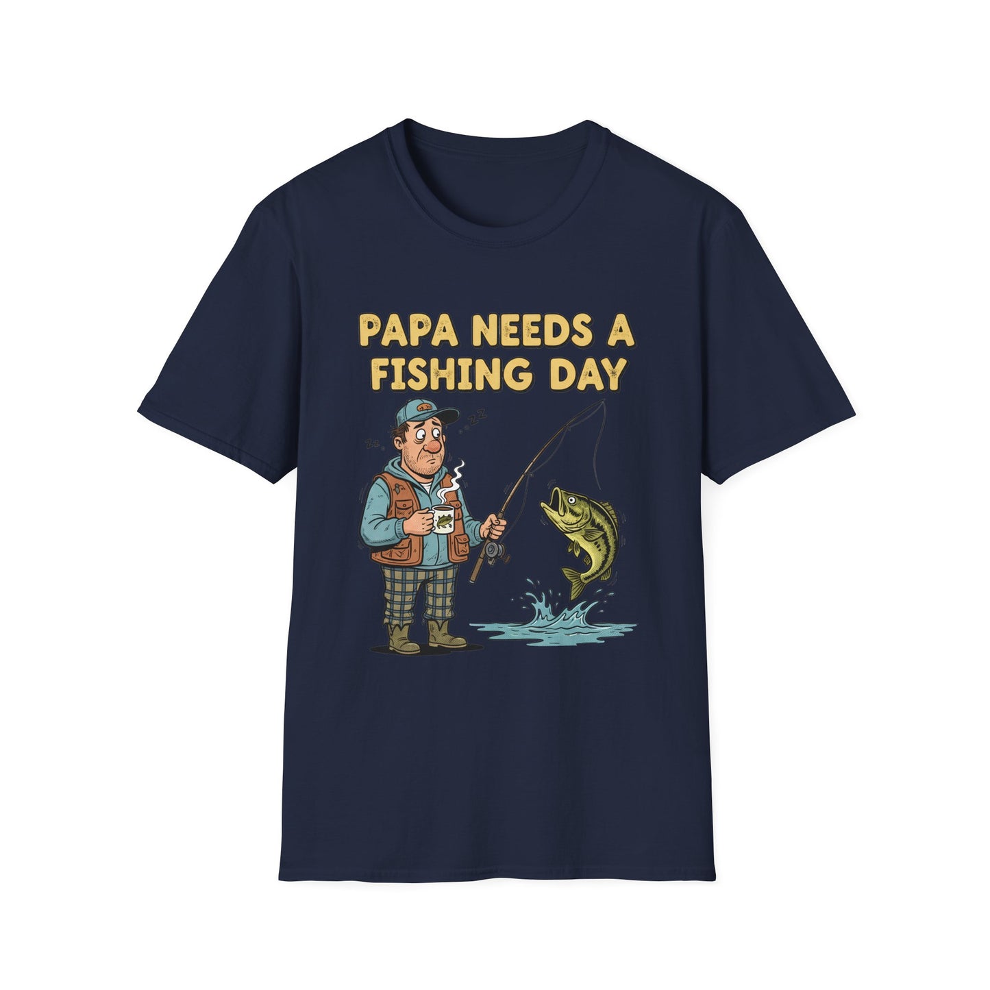 Papa Needs a Fishing Day Tee flat lay back view on rustic wood