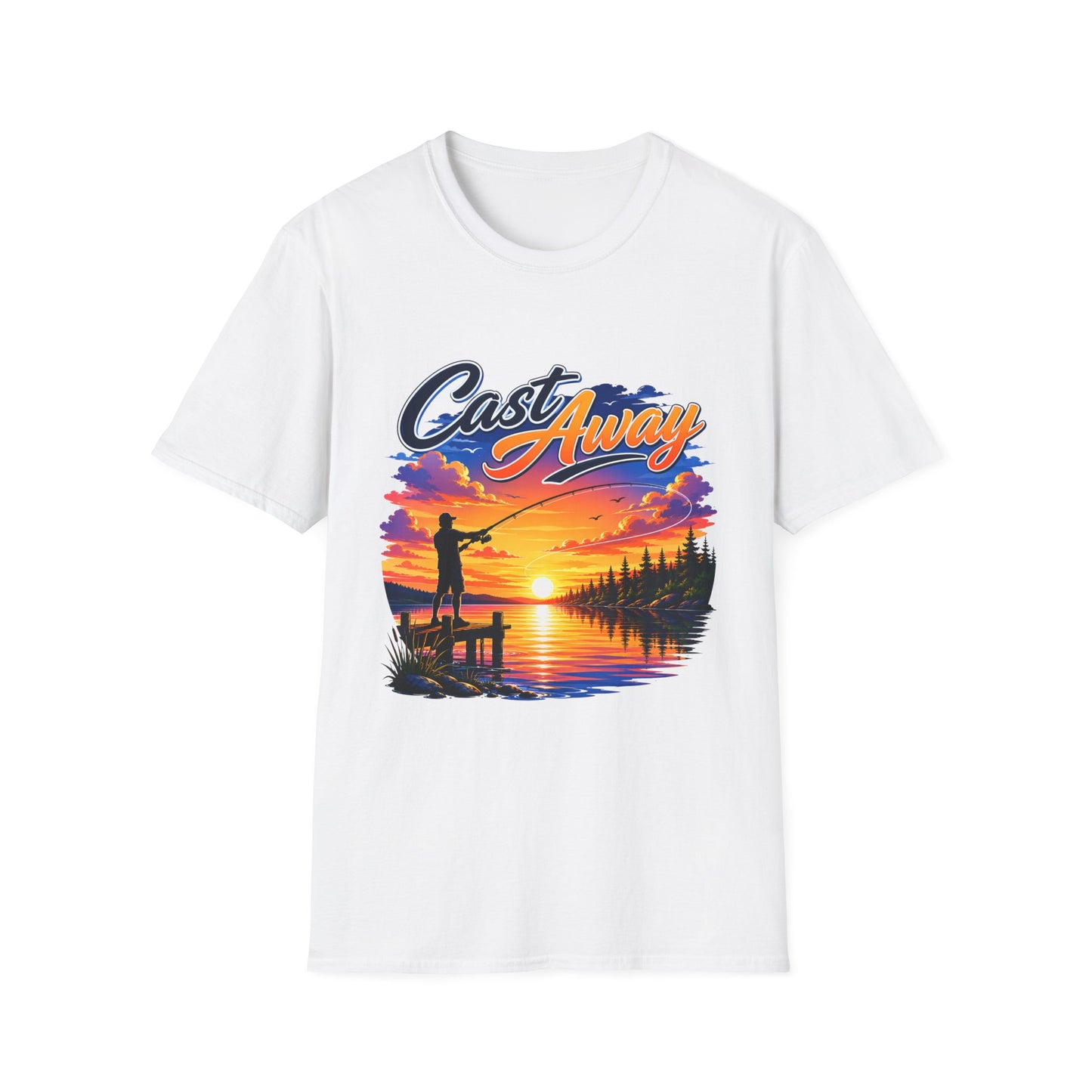 Cast Away sunset lake fishing graphic t-shirt front view