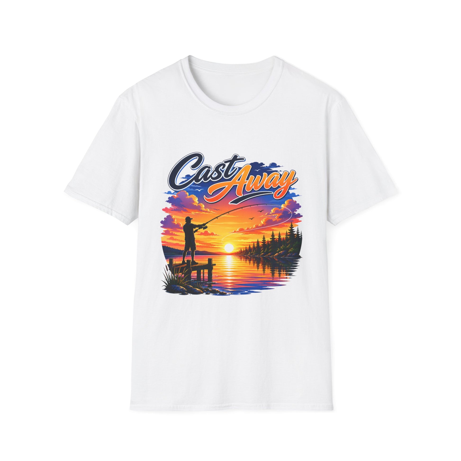 Cast Away sunset lake fishing graphic t-shirt front view