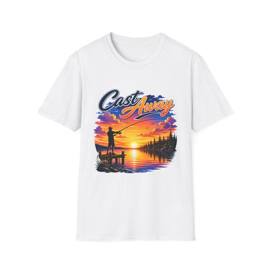 Cast Away sunset lake fishing graphic t-shirt front view