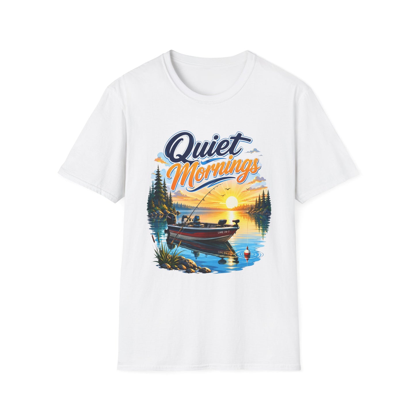 Quiet Mornings fishing graphic t-shirt front view