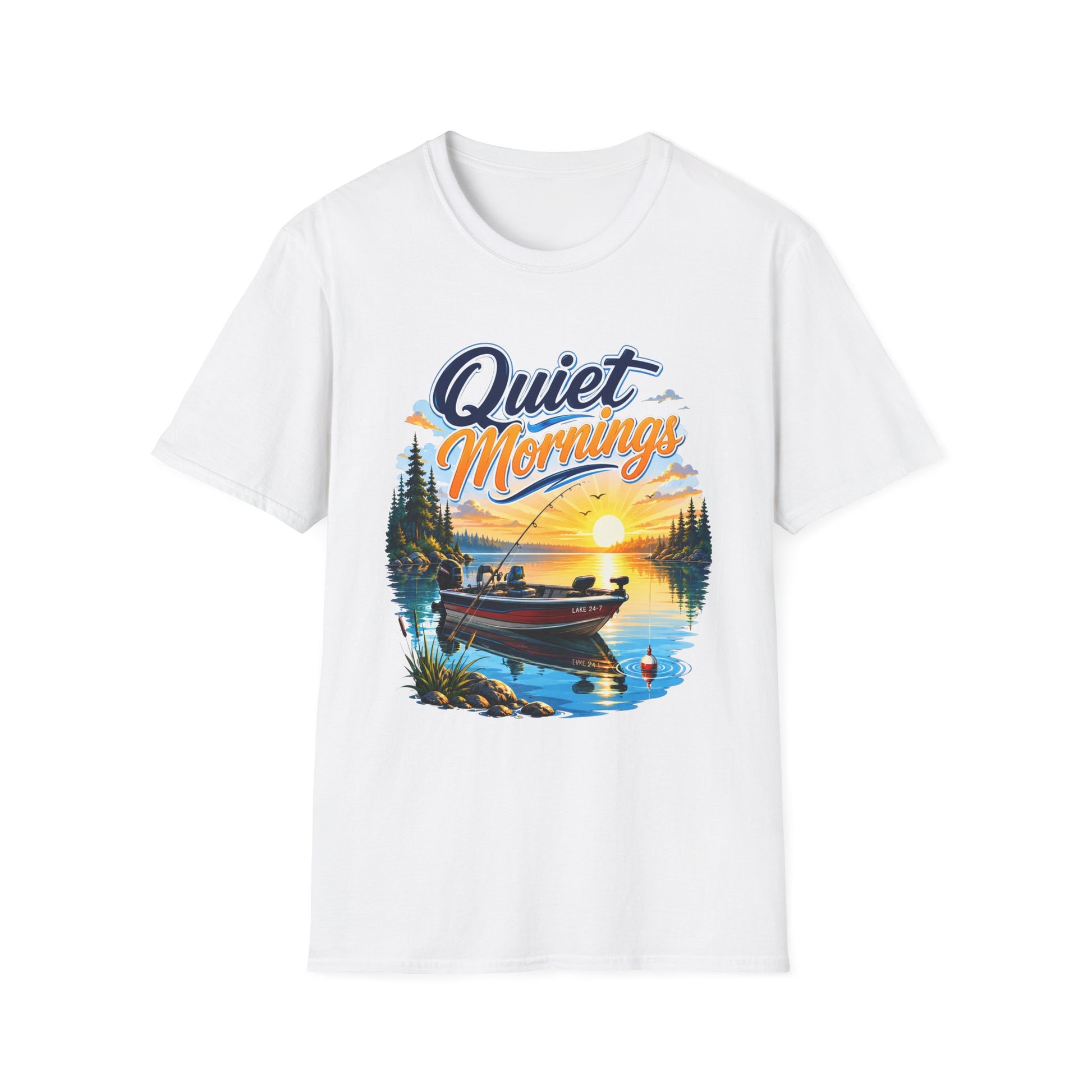 Quiet Mornings fishing graphic t-shirt front view