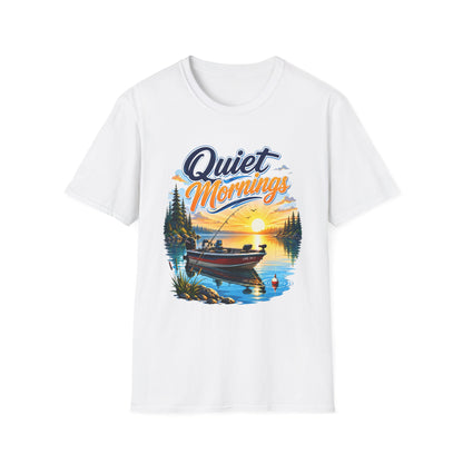 Quiet Mornings fishing graphic t-shirt front view