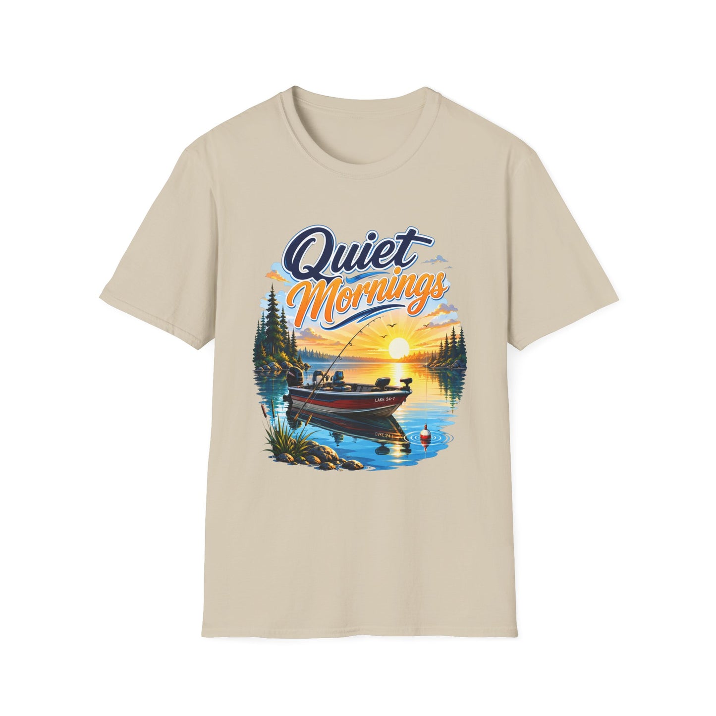 Quiet Mornings fishing t-shirt chest print close-up