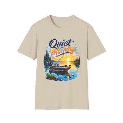 Quiet Mornings fishing t-shirt chest print close-up