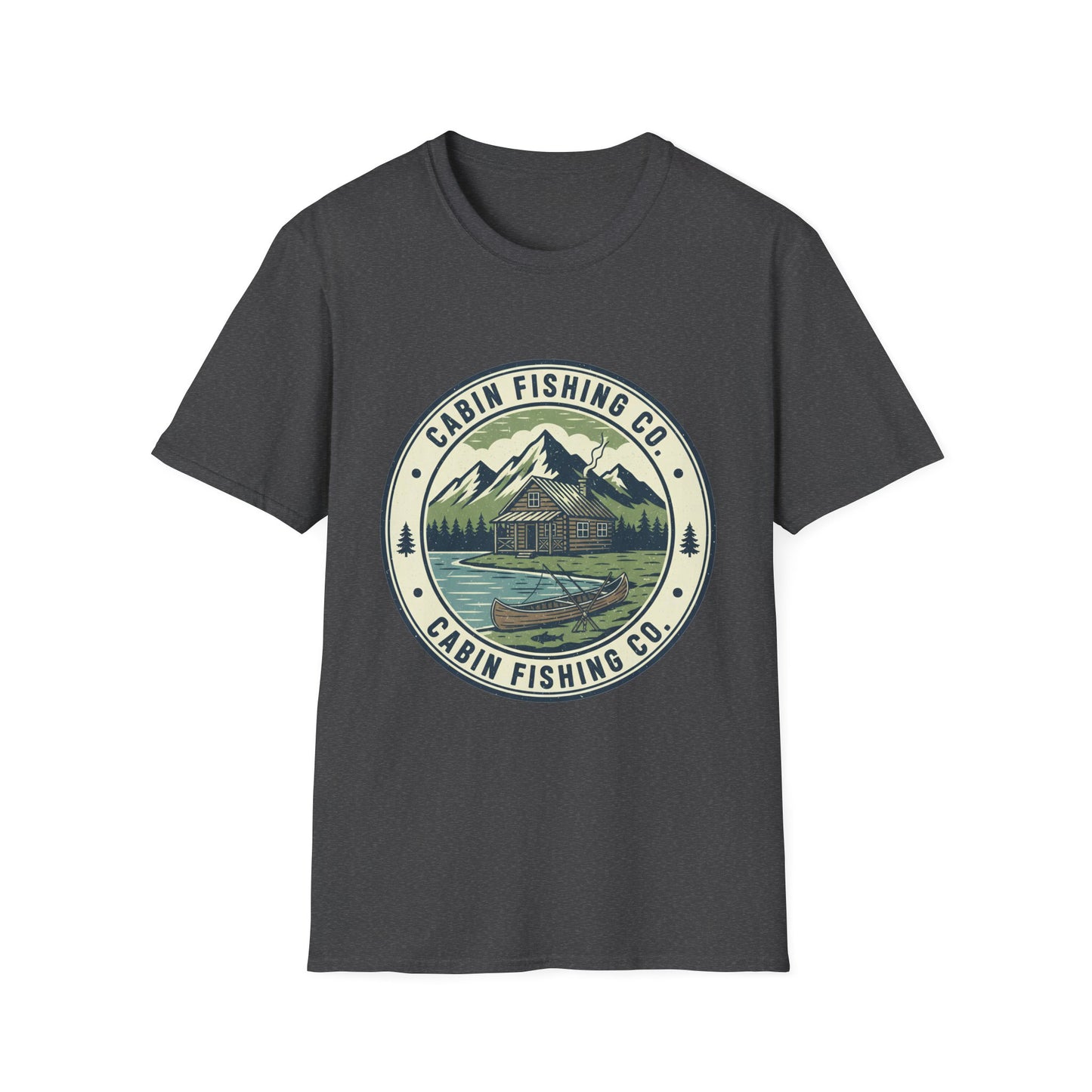 Cabin Fishing Co. Tee cabin and lake fishing graphic t-shirt side view on model