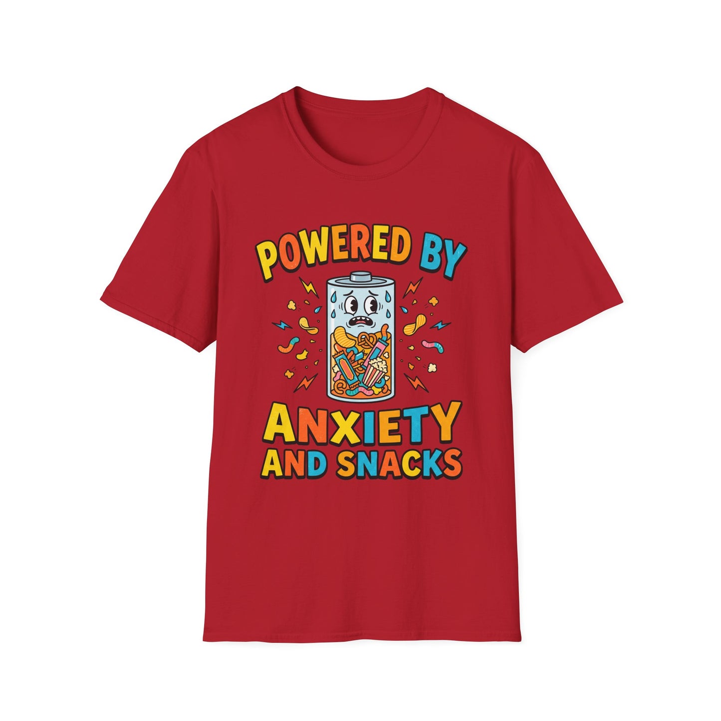 T‑Shirt — "Powered by Anxiety and Snacks" Funny Anxiety Snack Cartoon Tee