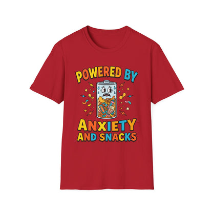 T‑Shirt — "Powered by Anxiety and Snacks" Funny Anxiety Snack Cartoon Tee