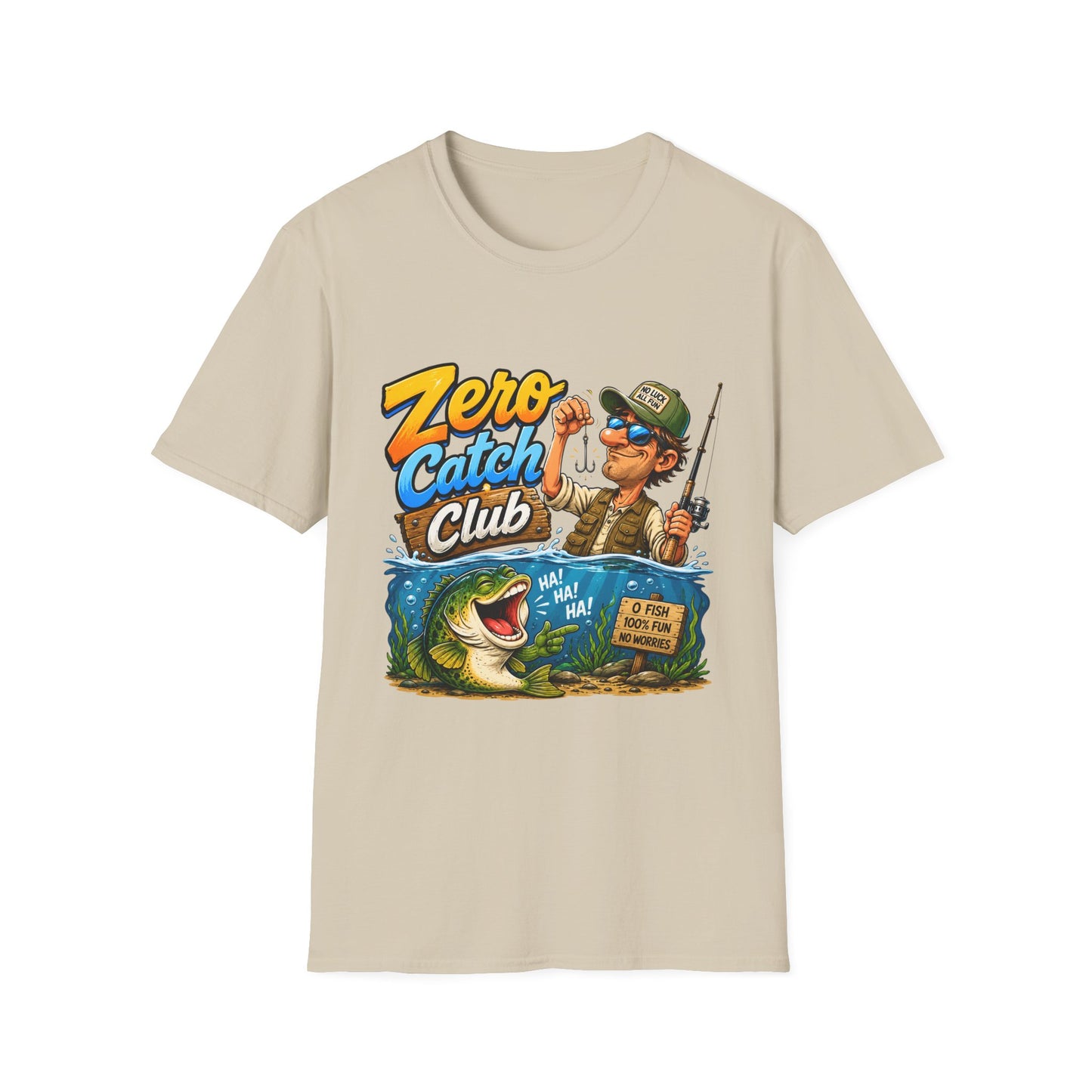 Zero Catch Club Tee funny bass fishing chest print close-up