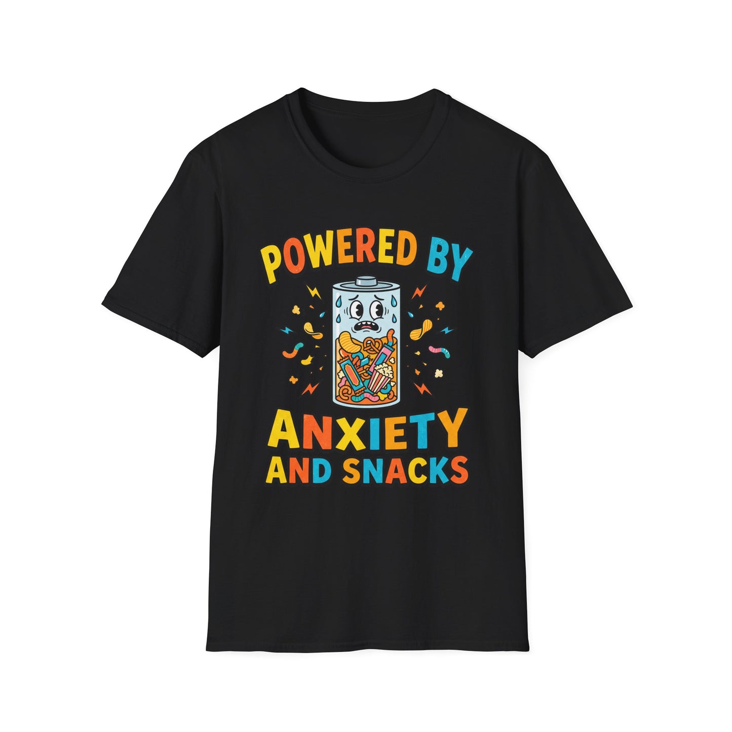 T‑Shirt — "Powered by Anxiety and Snacks" Funny Anxiety Snack Cartoon Tee