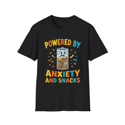 T‑Shirt — "Powered by Anxiety and Snacks" Funny Anxiety Snack Cartoon Tee