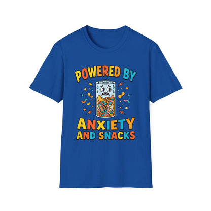 T‑Shirt — "Powered by Anxiety and Snacks" Funny Anxiety Snack Cartoon Tee