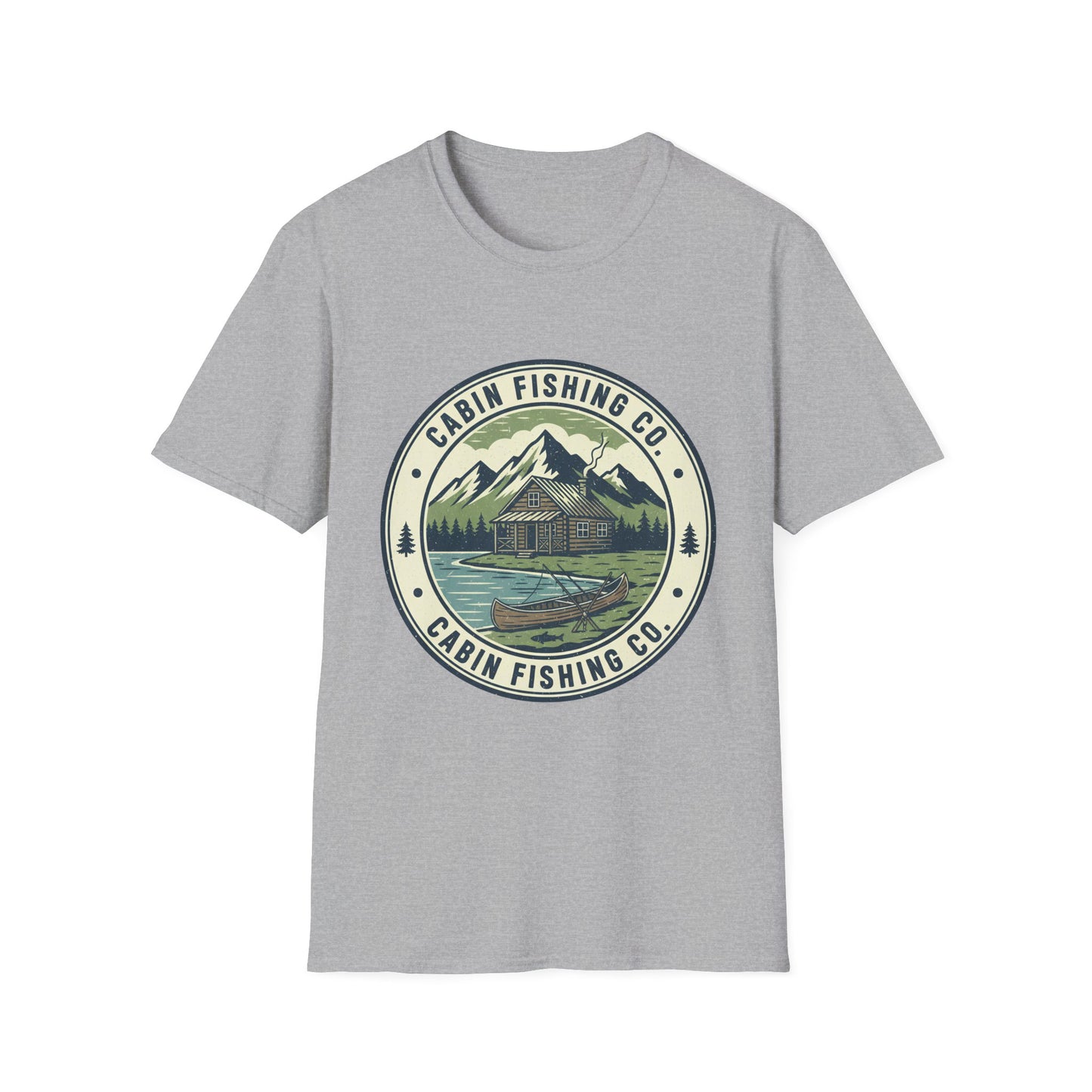 Cabin Fishing Co. Tee cabin and lake fishing graphic t-shirt neckline and shoulder detail
