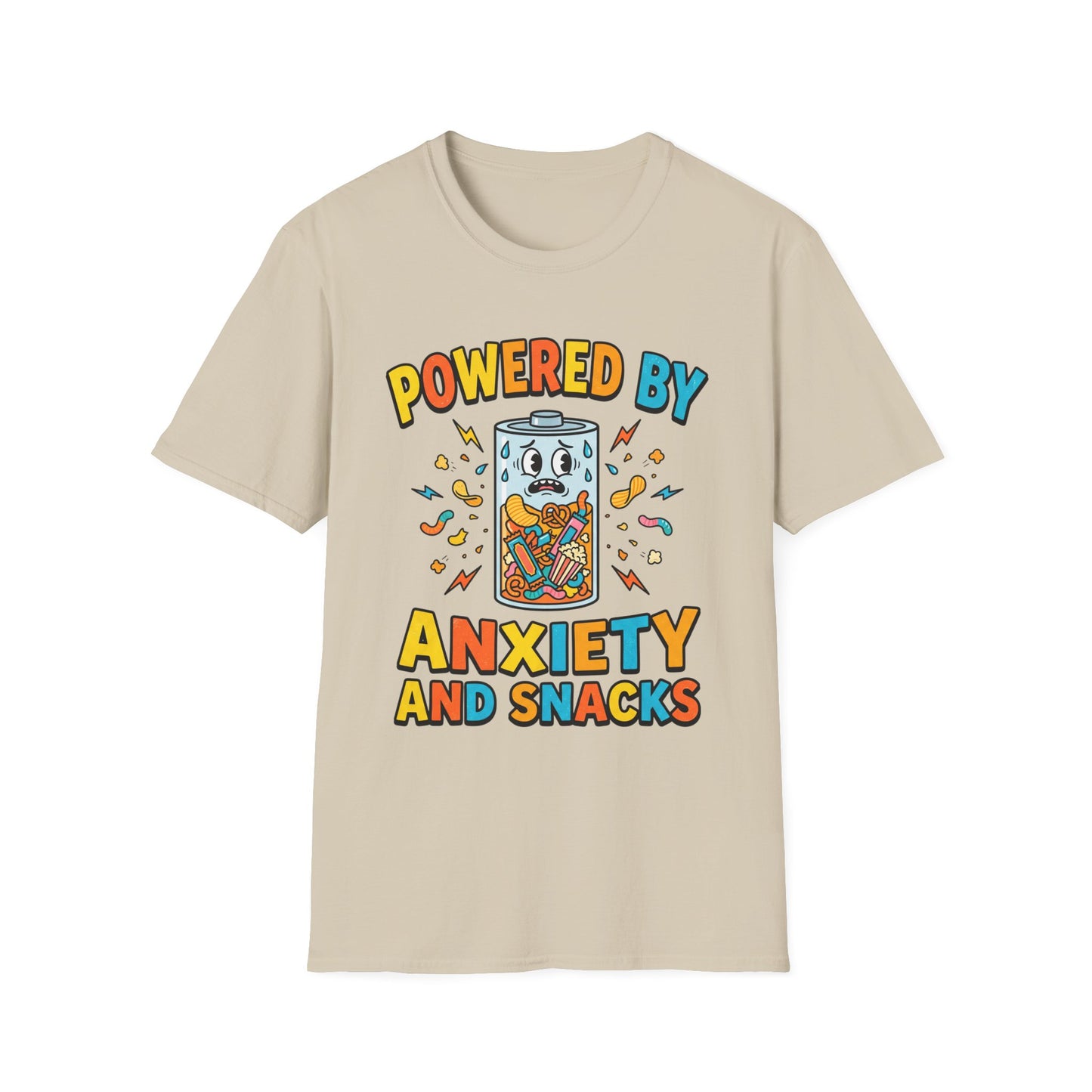 T‑Shirt — "Powered by Anxiety and Snacks" Funny Anxiety Snack Cartoon Tee
