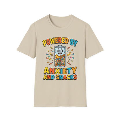 T‑Shirt — "Powered by Anxiety and Snacks" Funny Anxiety Snack Cartoon Tee