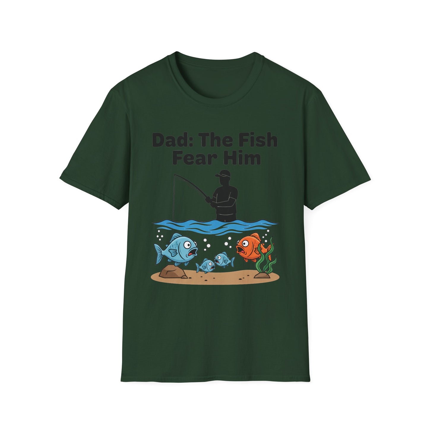 Dad: The Fish Fear Him Tee folded and packaged as funny dad fishing gift
