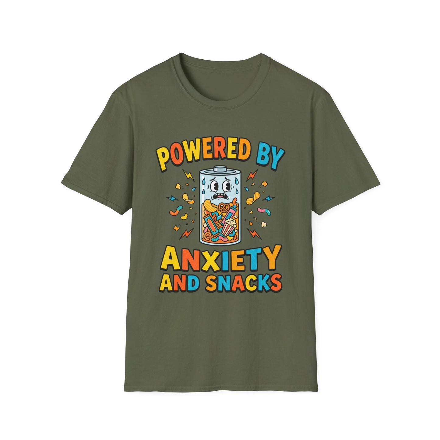 T‑Shirt — "Powered by Anxiety and Snacks" Funny Anxiety Snack Cartoon Tee
