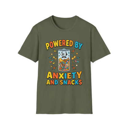 T‑Shirt — "Powered by Anxiety and Snacks" Funny Anxiety Snack Cartoon Tee