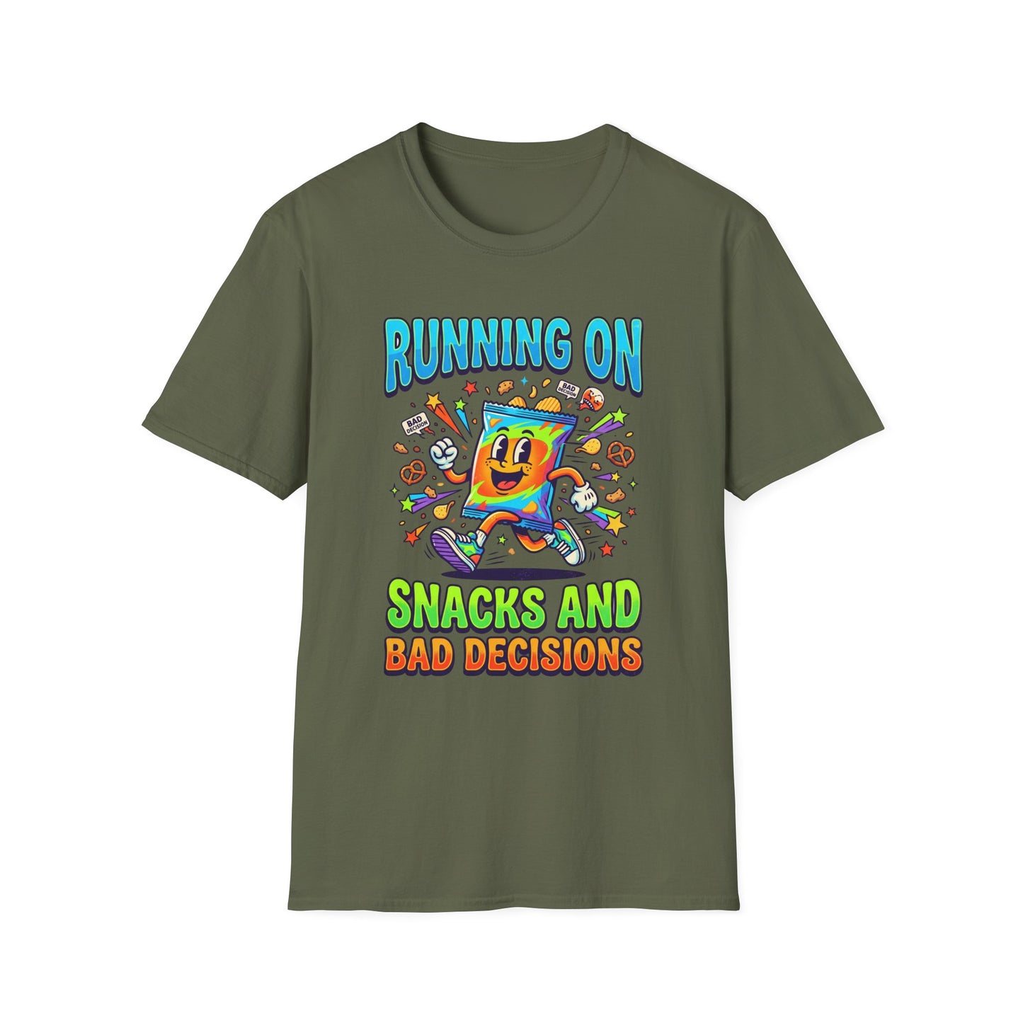 T-Shirt — "Running On Snacks and Bad Decisions" Retro Cartoon Snack Tee