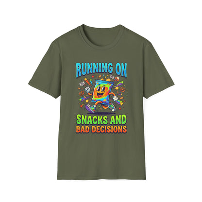 T-Shirt — "Running On Snacks and Bad Decisions" Retro Cartoon Snack Tee