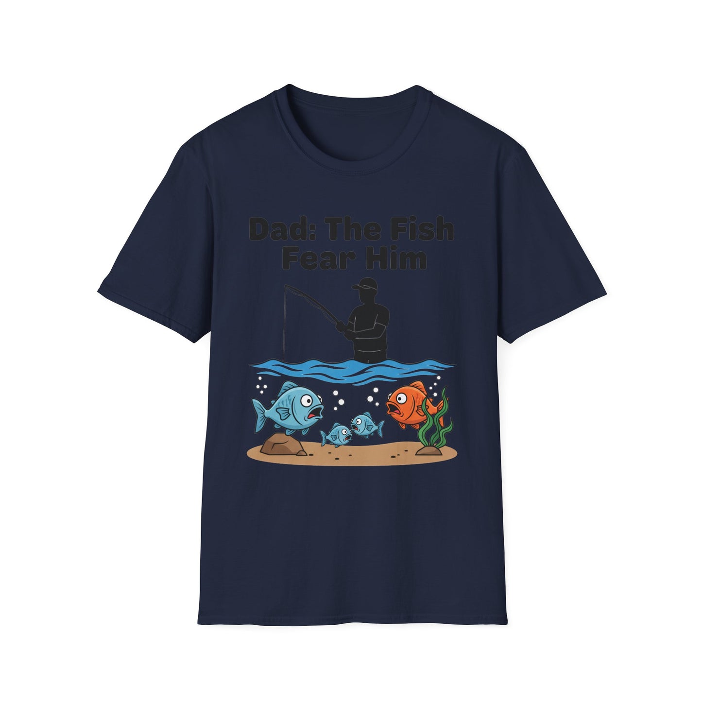 Dad: The Fish Fear Him Tee flat lay back view on dock wood