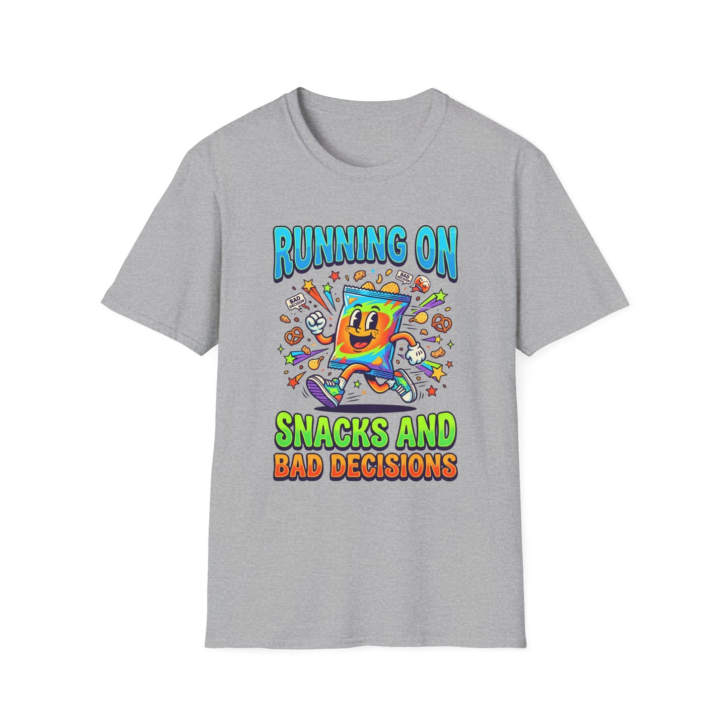 T-Shirt — "Running On Snacks and Bad Decisions" Retro Cartoon Snack Tee