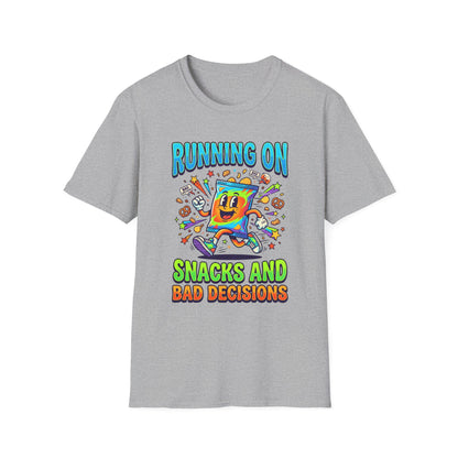 T-Shirt — "Running On Snacks and Bad Decisions" Retro Cartoon Snack Tee