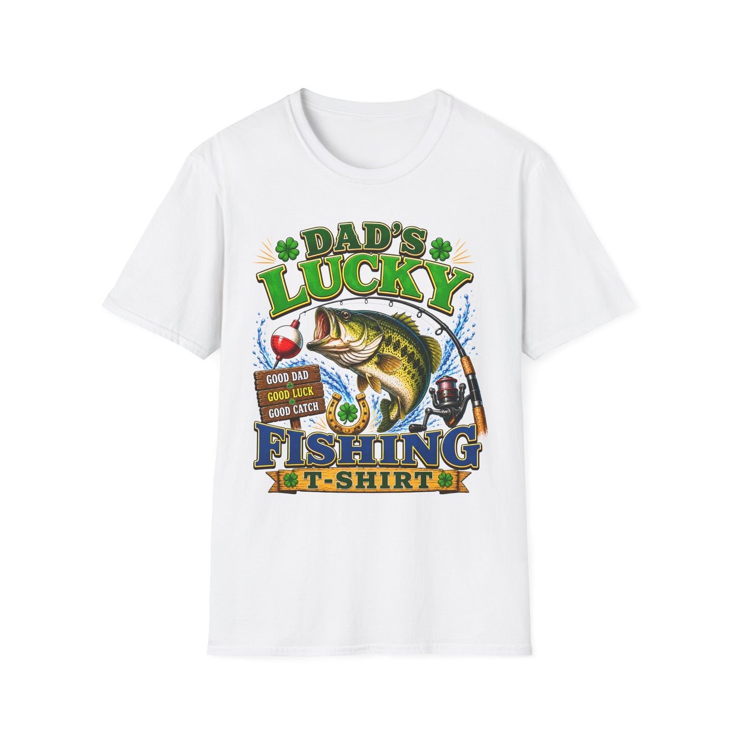 Dad's Lucky Fishing Tee funny fishing dad chest print front view