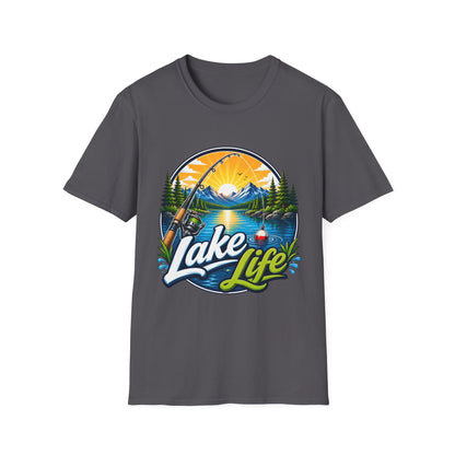 Lake Life fishing t-shirt side view on model