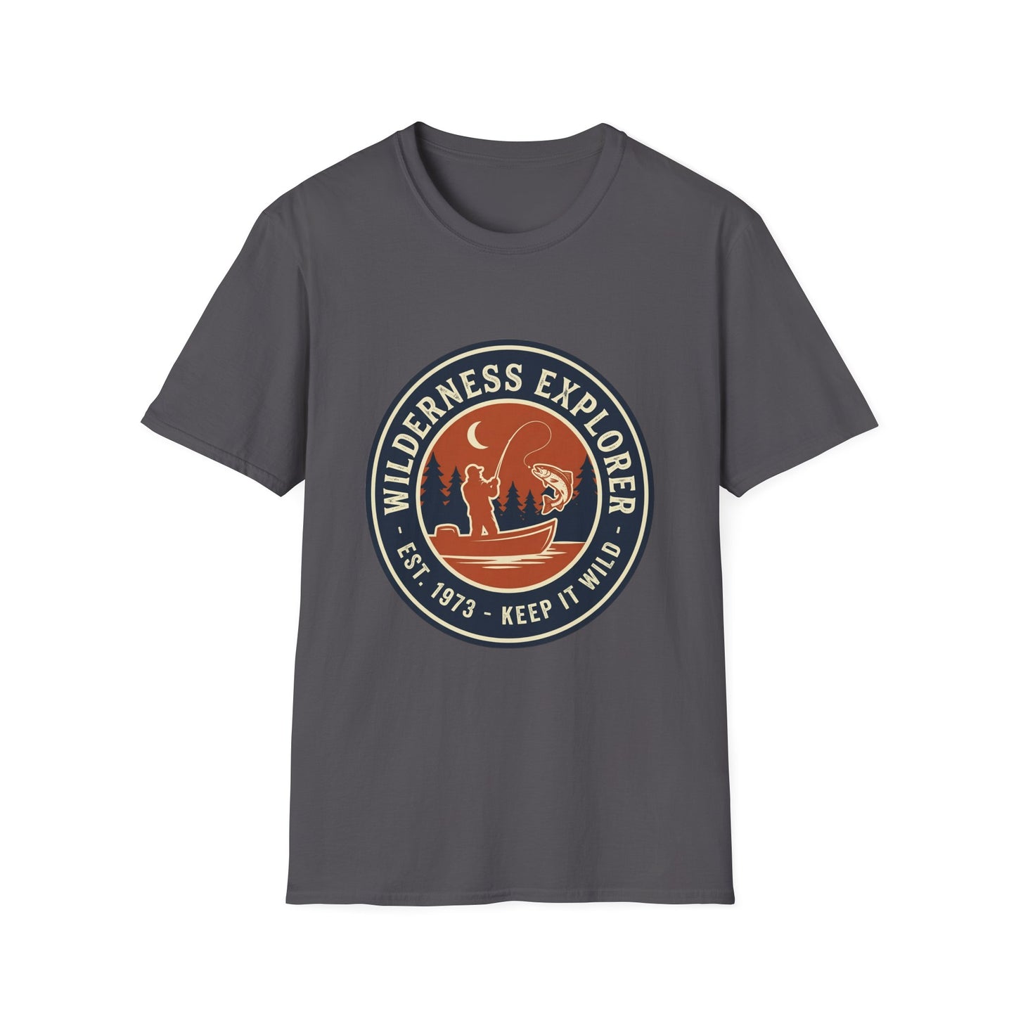 Wilderness Explorer Tee outdoor wilderness fishing adventure t-shirt flat lay front view
