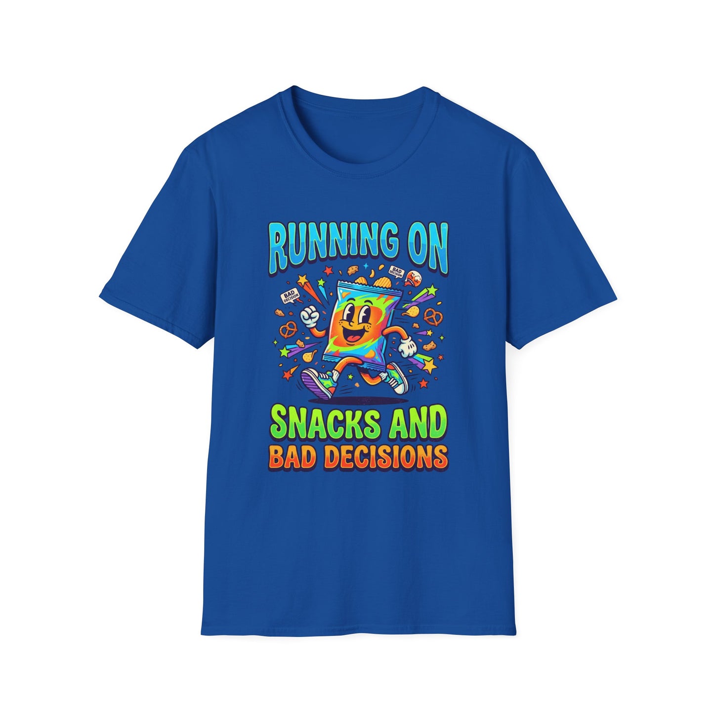 T-Shirt — "Running On Snacks and Bad Decisions" Retro Cartoon Snack Tee