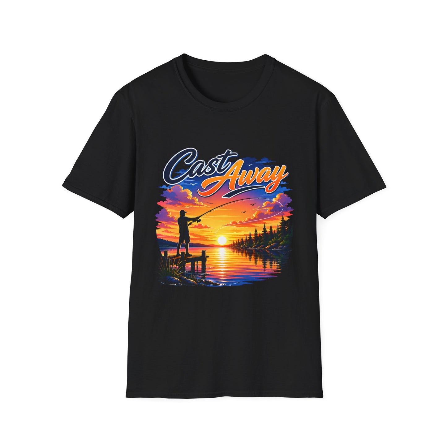 Cast Away sunset lake fishing graphic t-shirt back view