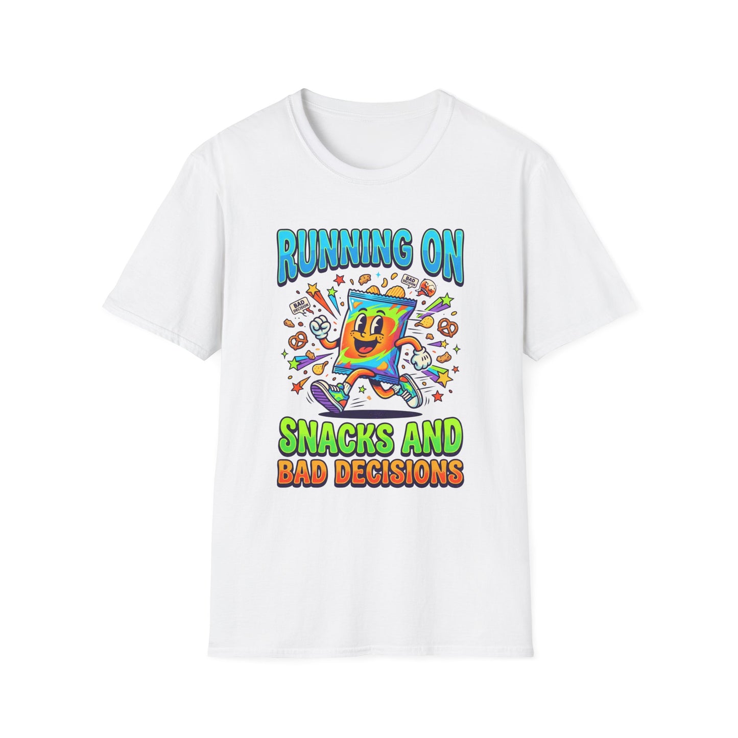 T-Shirt — "Running On Snacks and Bad Decisions" Retro Cartoon Snack Tee