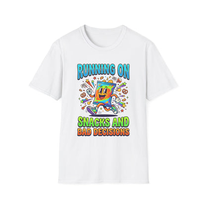 T-Shirt — "Running On Snacks and Bad Decisions" Retro Cartoon Snack Tee