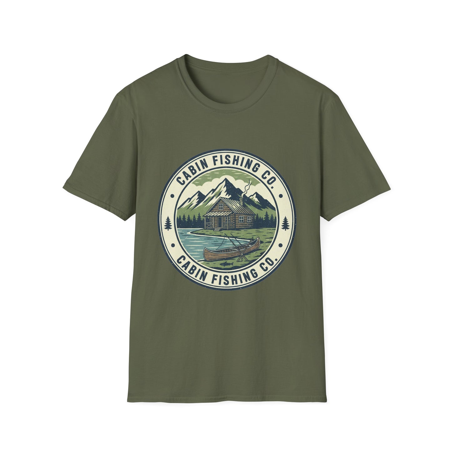 Cabin Fishing Co. Tee cabin and lake fishing graphic t-shirt lifestyle photo worn by angler