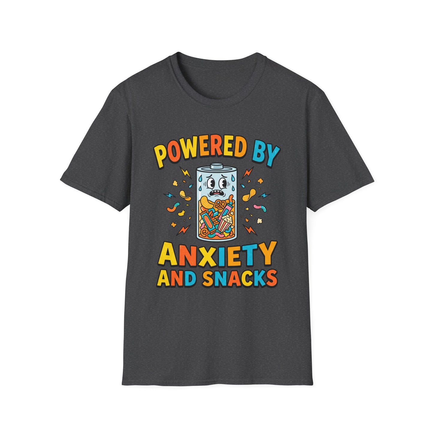 T‑Shirt — "Powered by Anxiety and Snacks" Funny Anxiety Snack Cartoon Tee