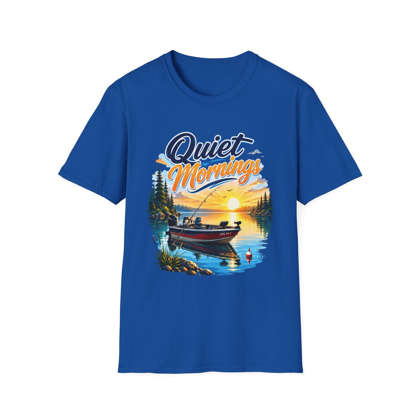 Quiet Mornings fishing t-shirt flat lay front view